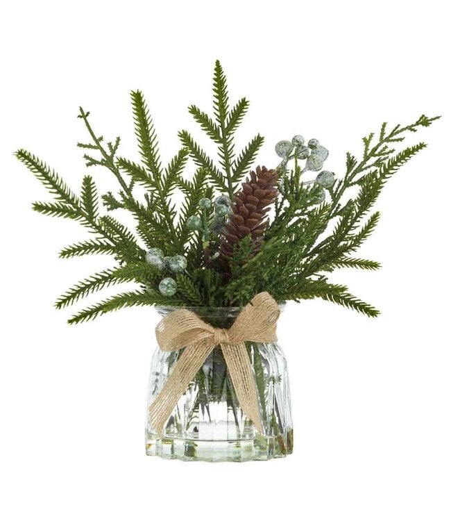 11" Pine Cone/Berry/Pine in Glass Vase Green Brown