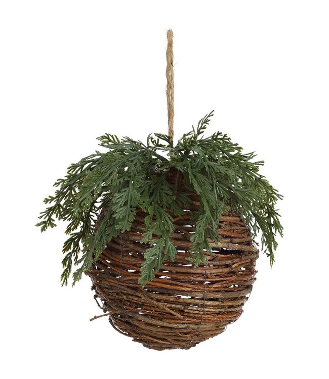 6" Cedar Twig Ball Ornament  Green Brown