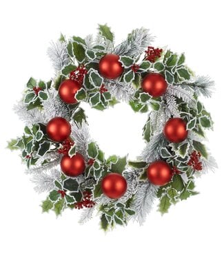 24" Snowed Holly/Ball/Pine Wreath Red Green