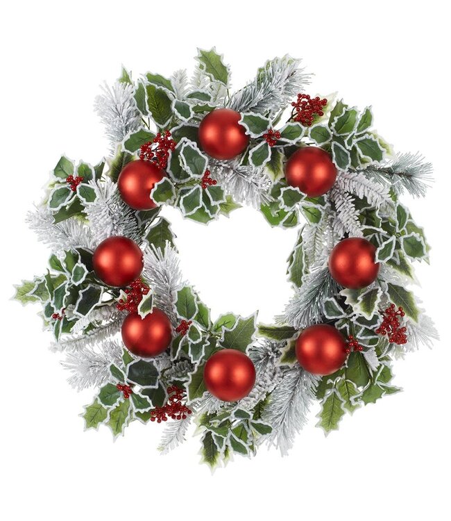 24" Snowed Holly/Ball/Pine Wreath Red Green