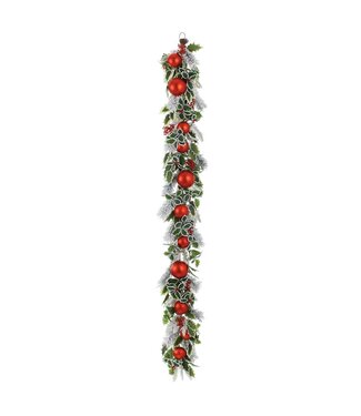 6' Snowed Holly/Ball/Pine Garland Red Green