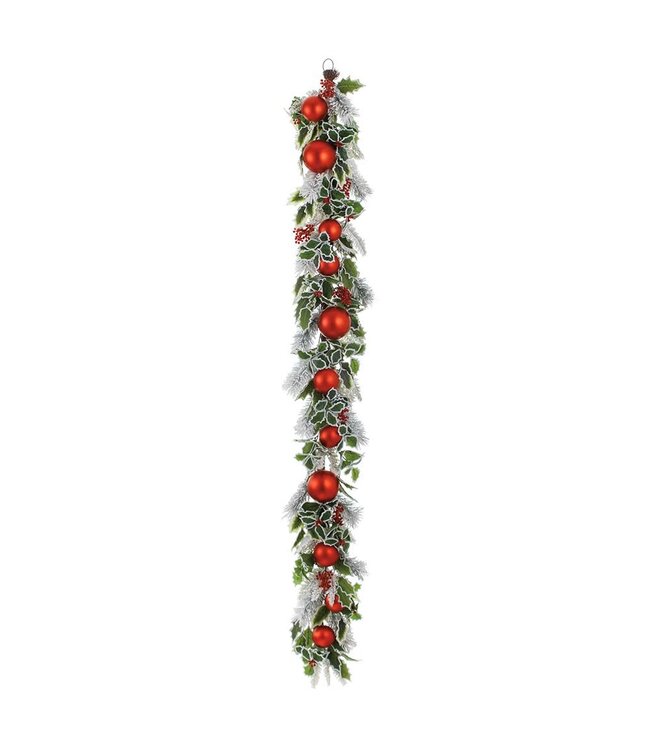 6' Snowed Holly/Ball/Pine Garland Red Green