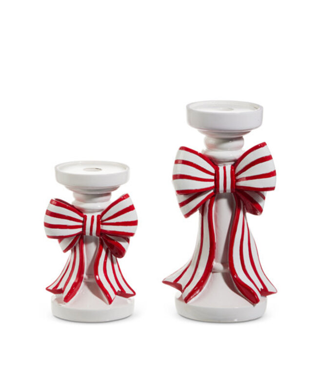 Red and White Stripe Bow Candle Holders - Sold Individually