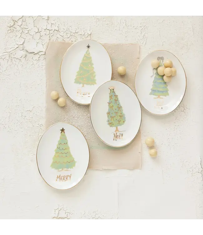 Oval Stoneware Dish w Holiday Word - Sold Individually