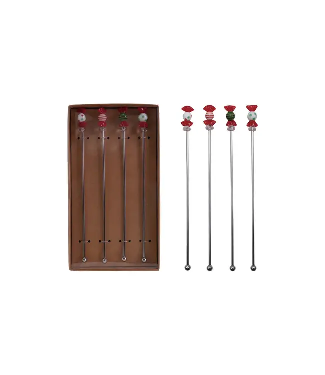 Stainless Steel Stirrers w Blown Glass Candies - Sold as Set