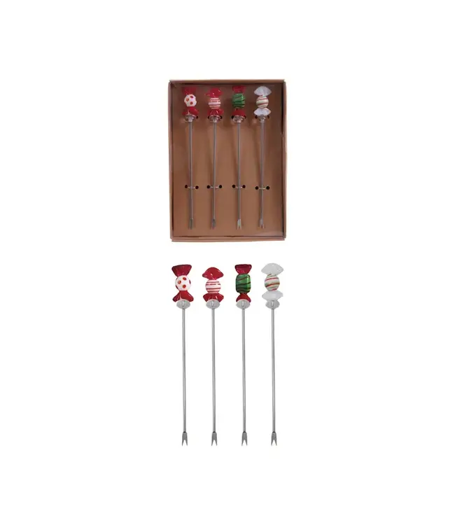Stainless Steel Picks w Blown Glass Candies - Sold as Set