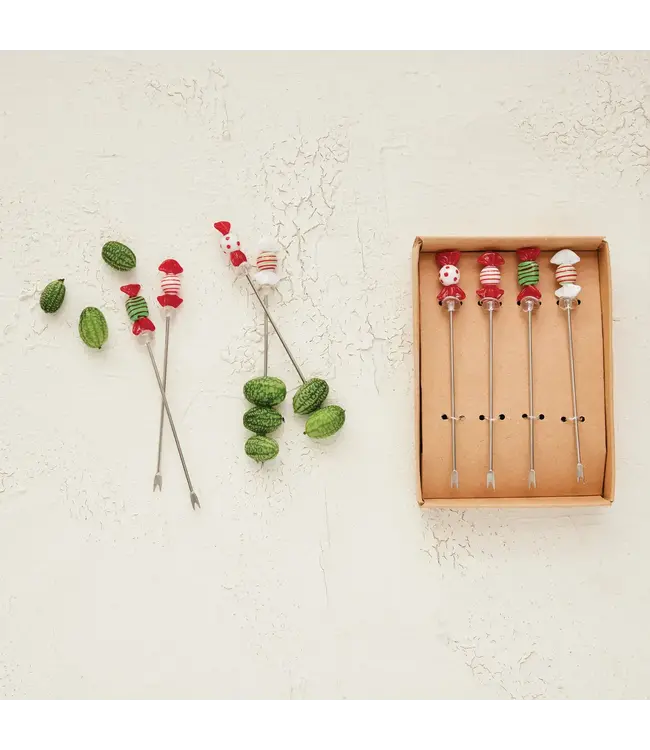 Stainless Steel Picks w Blown Glass Candies - Sold as Set