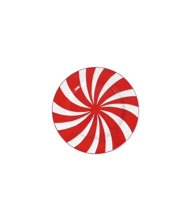 Enameled Plate, Charger With Candy Stripes, Red & White