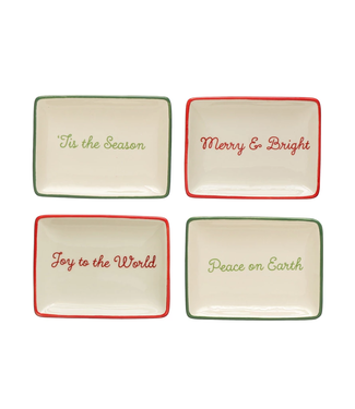 Stoneware Dish With Holiday Words & Red/Green Rim - Sold Individually