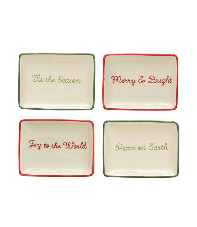 Stoneware Dish With Holiday Words & Red/Green Rim - Sold Individually