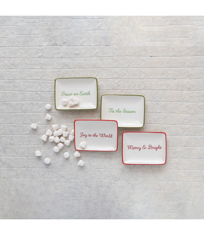 Stoneware Dish With Holiday Words & Red/Green Rim - Sold Individually