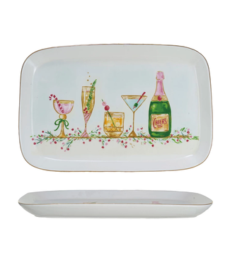 Stoneware Platter With Holiday Cocktails & Gold Electroplating
