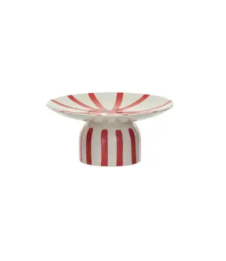 Hand-Painted Stoneware Pedestal w/ Stripes, Red & Cream
