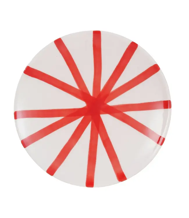 Hand-Painted Stoneware Pedestal w/ Stripes, Red & Cream