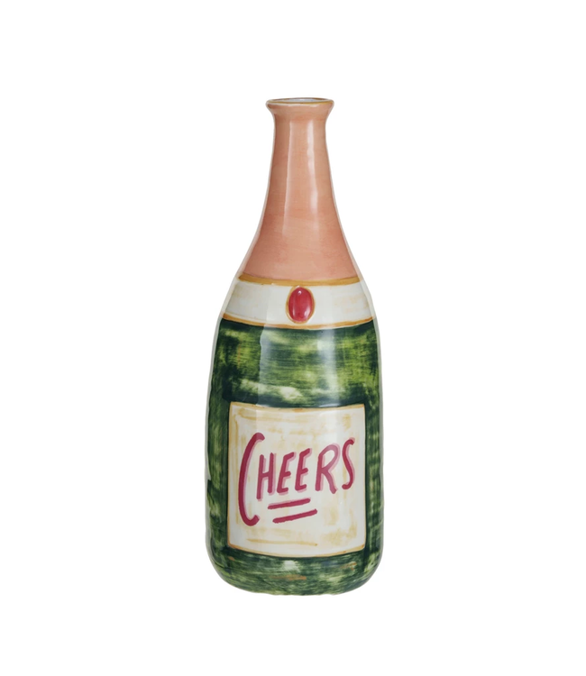 Stoneware Champagne Bottle Shaped Vase "Cheers", Multi Color