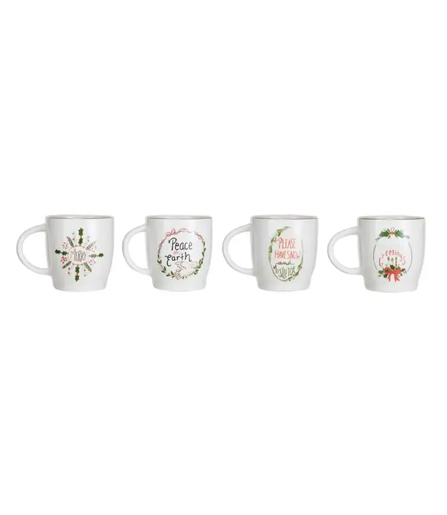 14 oz. Stoneware Mug w/ Holiday Saying & Gold Electroplated Rim - Sold Individually
