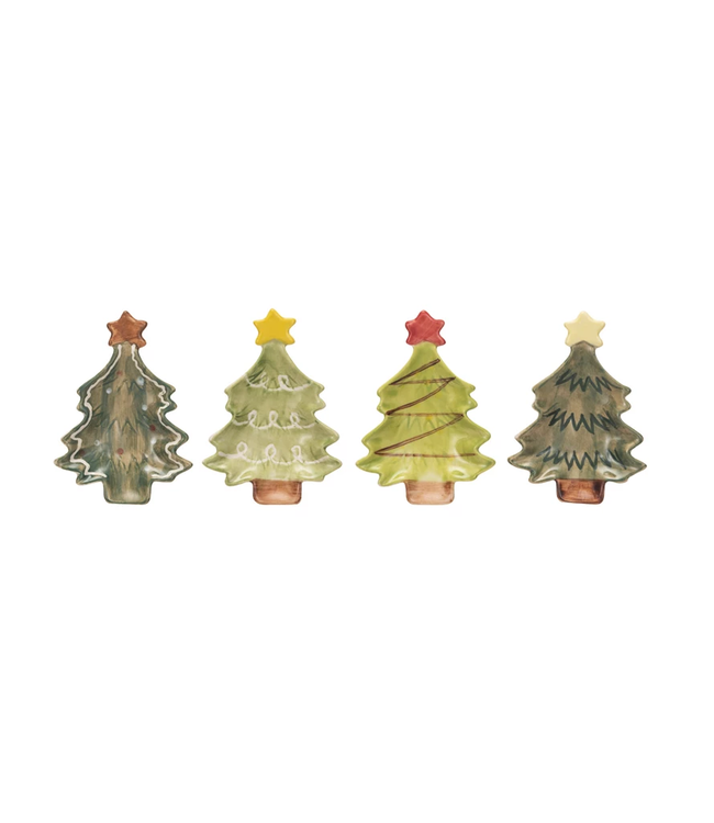 Hand-Painted Stoneware Christmas Tree Dish With Star - Sold Individually