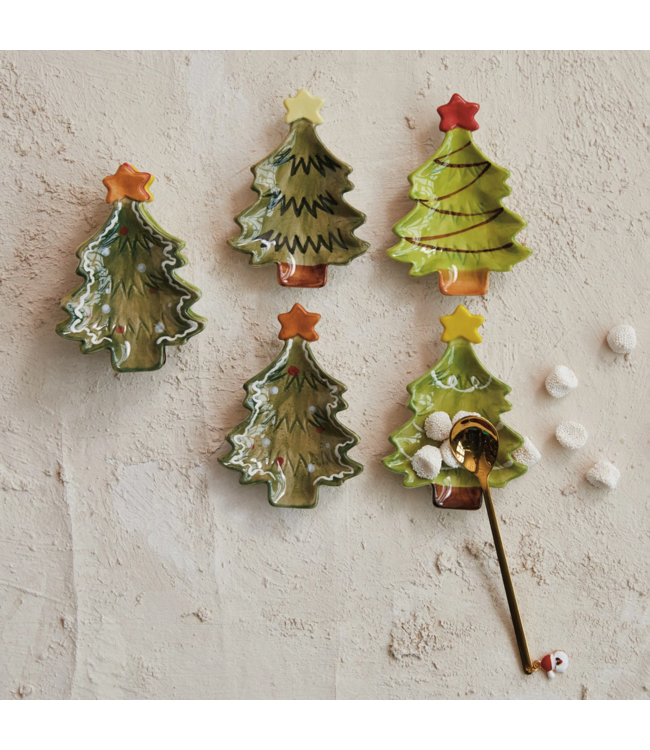 Hand-Painted Stoneware Christmas Tree Dish With Star - Sold Individually