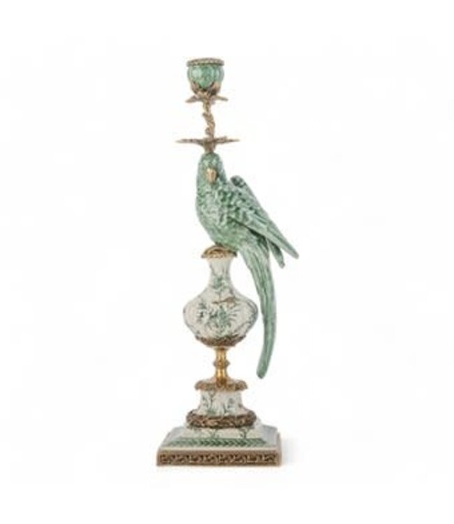 Porcelain Parrot Candle Holder With Bronze Ormolu Green Bird Right