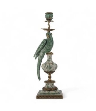 Porcelain Parrot Candle Holder With Bronze Ormolu - Green Bird Left
