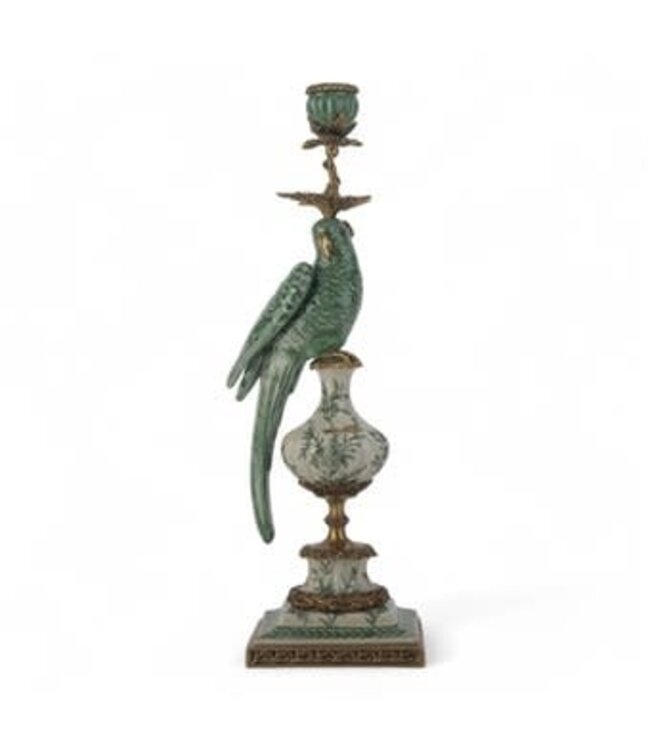 Porcelain Parrot Candle Holder With Bronze Ormolu - Green Bird Left