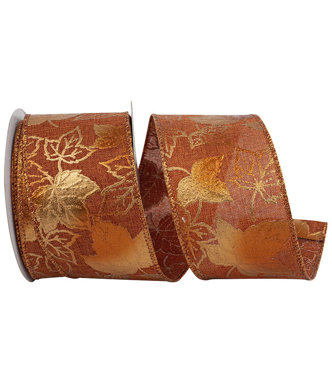 Leaves Raised Metalic Linen Wired Edge Ribbon