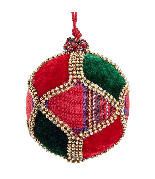 4" Diamond Plaid/Velvet Ball Ornament Red Green