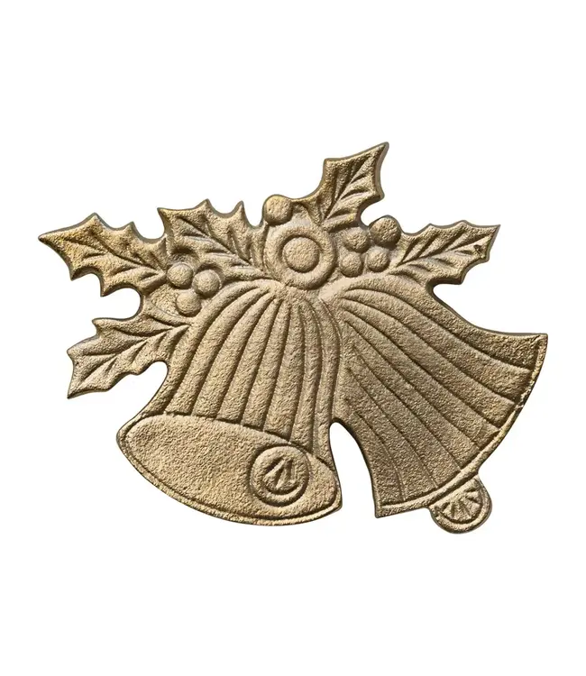 Cast Aluminum Holly & Bells Shaped Trivet, Gold Finish