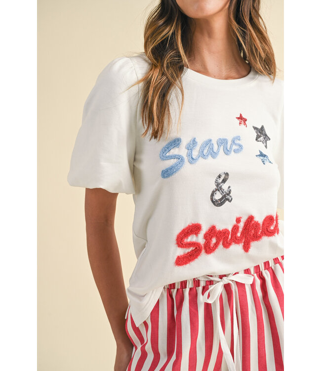 Riley Hand-drawing Lettering Embo Bubble Sleeve Knit Top