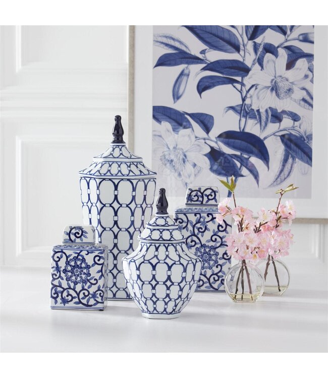 Blue & White Oval Print Ornate Porcelain Lidded Container - Sold Individually