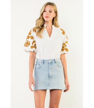 Sophia Embroidered Chenille Floral Puff Sleeve Top