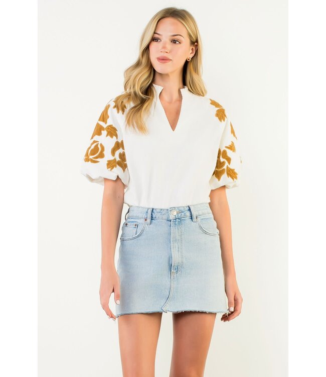 Sophia Embroidered Chenille Floral Puff Sleeve Top