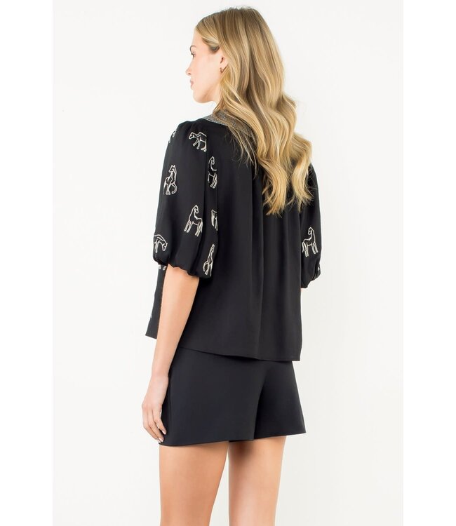 Abigail Embroidered Horse Puff Sleeve Top