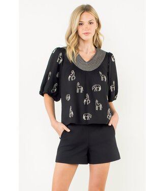 Abigail Embroidered Horse Puff Sleeve Top