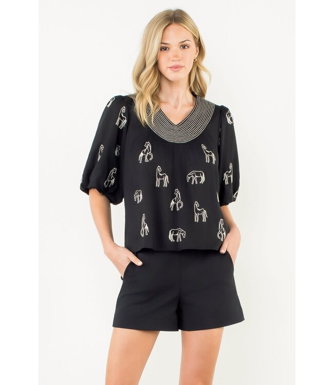 Abigail Embroidered Horse Puff Sleeve Top
