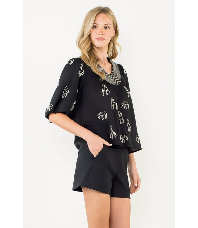 Abigail Embroidered Horse Puff Sleeve Top