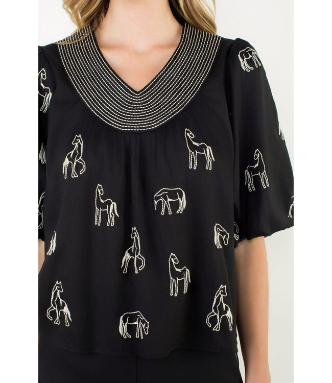 Abigail Embroidered Horse Puff Sleeve Top