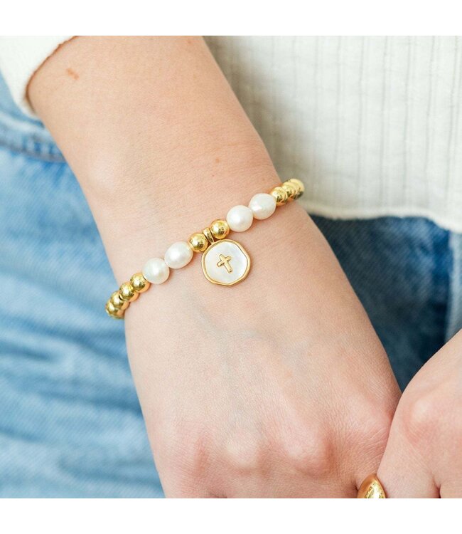 Cross + Pearls Stretch Charm Bracelet