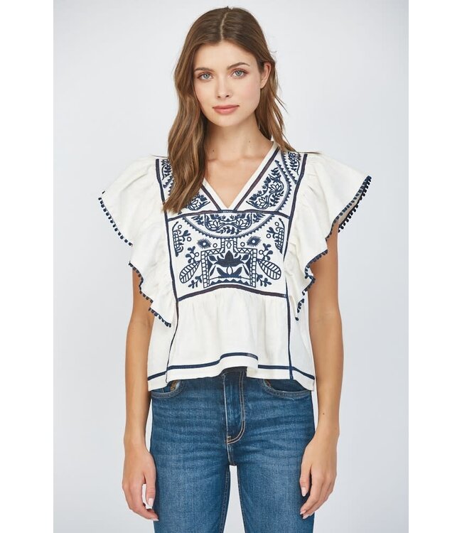 Danica Lace Insert Embroidered Flutter Sleeve Blouse