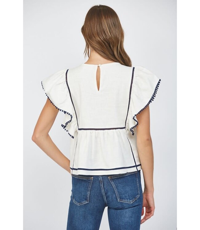 Danica Lace Insert Embroidered Flutter Sleeve Blouse