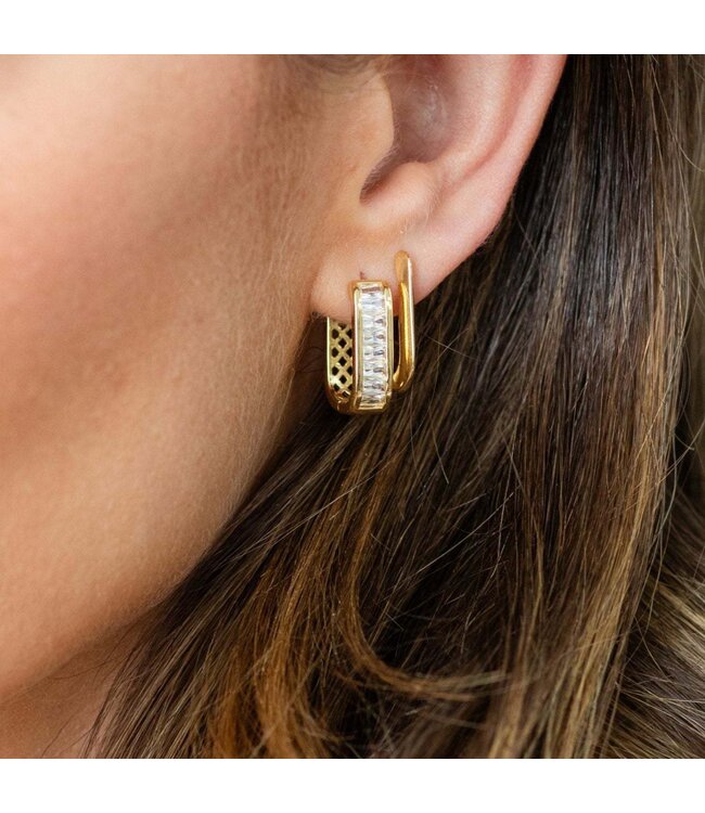 Large Huggies with Baguette CZ Earrings