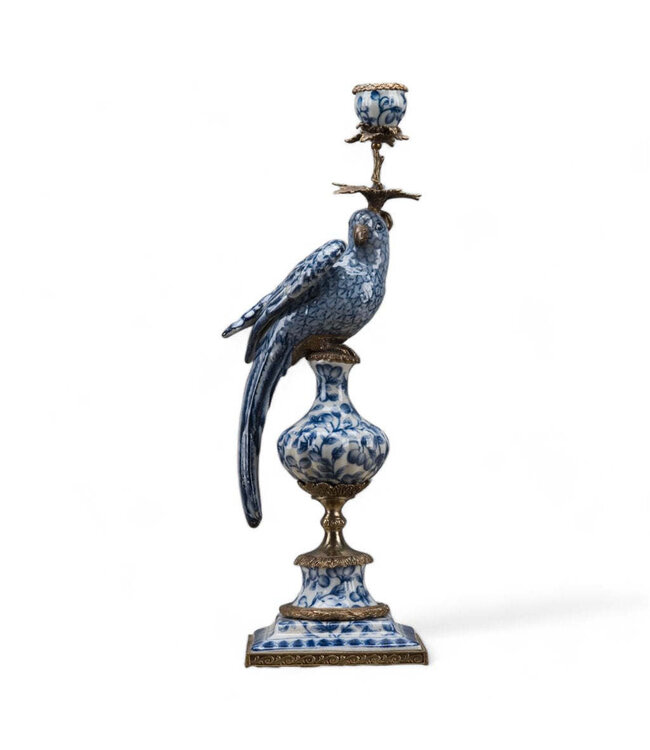 Porcelain Parrot Candle Holder With Bronze Ormolu Blue