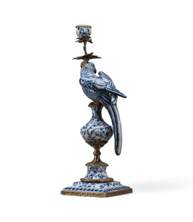 Porcelain Parrot Candle Holder With Bronze Ormolu Blue