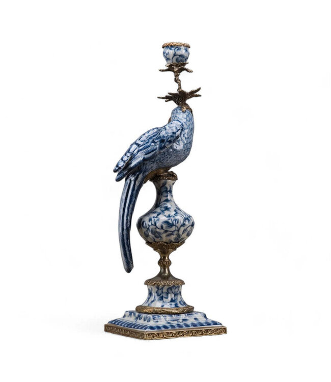 Porcelain Parrot Candle Holder With Bronze Ormolu Blue Right