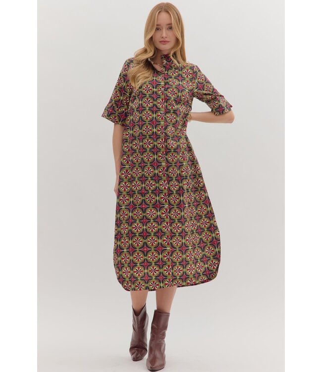 Ava Geometric Print Short Sleeve Midi Dress