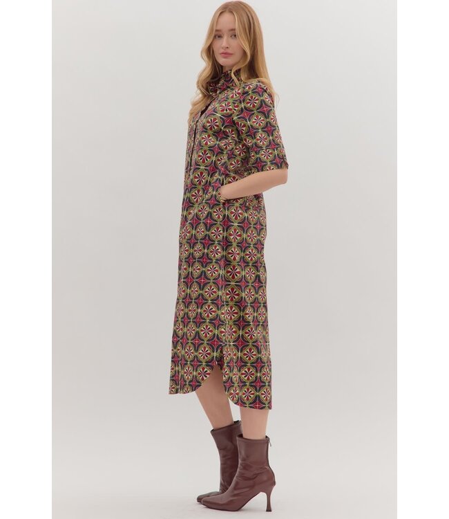 Ava Geometric Print Short Sleeve Midi Dress