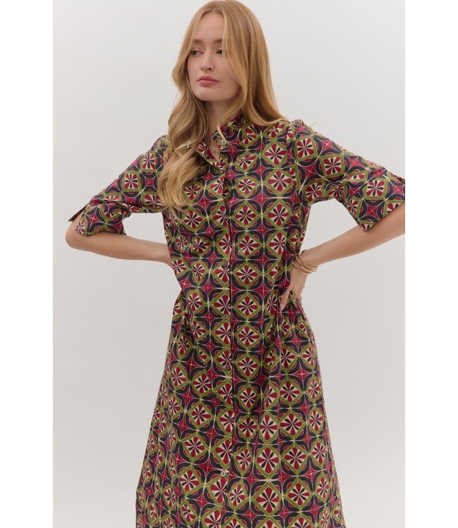 Ava Geometric Print Short Sleeve Midi Dress