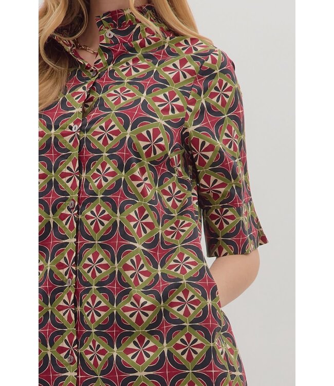 Ava Geometric Print Short Sleeve Midi Dress