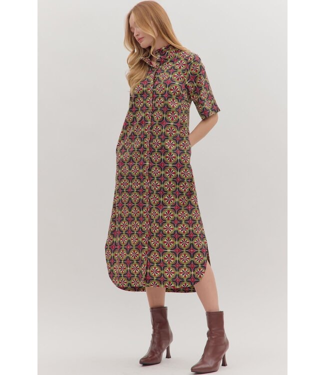 Ava Geometric Print Short Sleeve Midi Dress