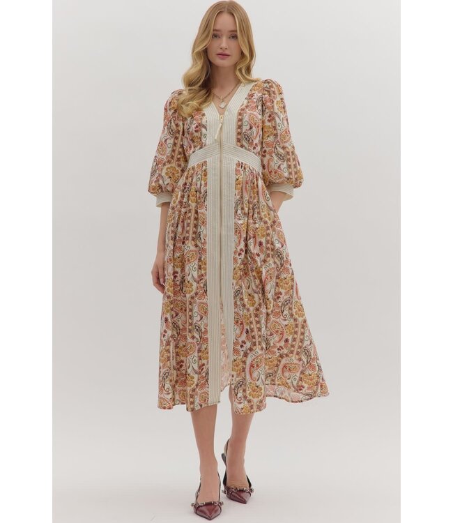 Mila Paisley Print Puff Sleeve Midi Dress